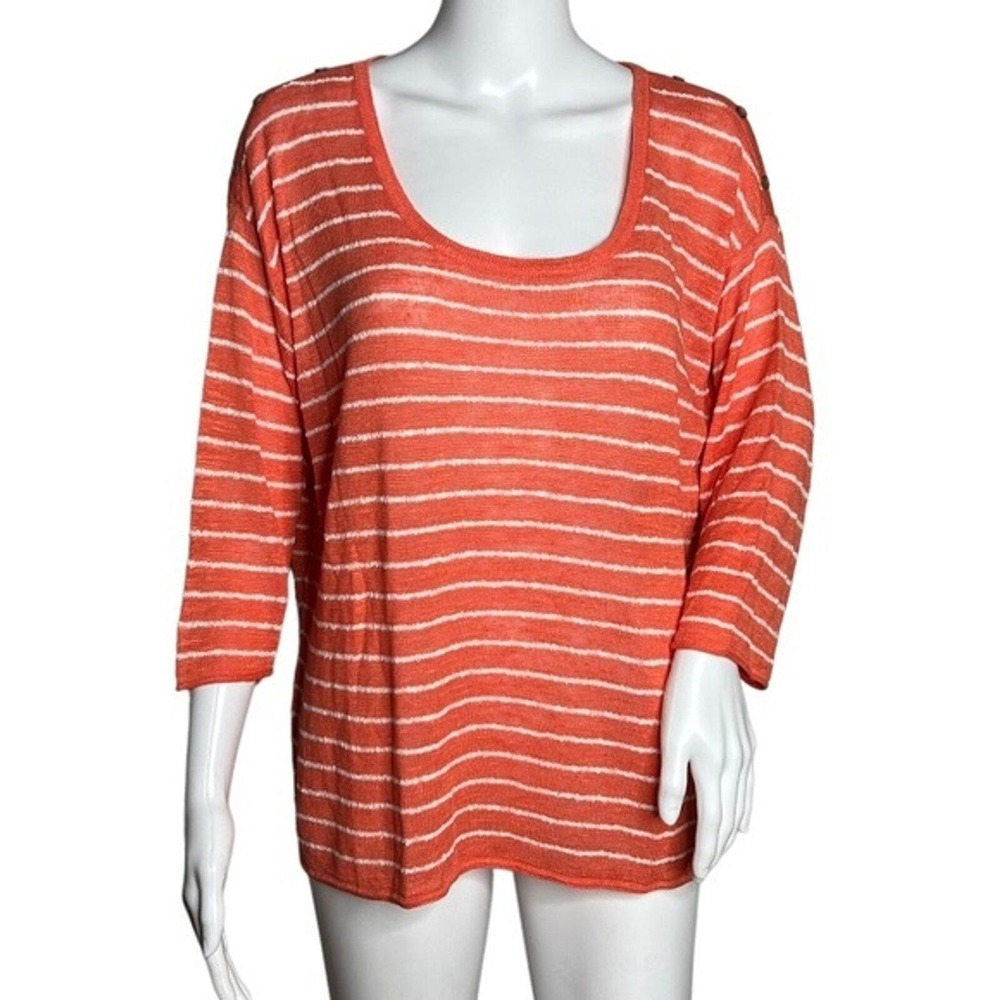 J. Jill Sweater Womens Medium Orange White Stripe 3/4 Sleeve Linen Blend Casual